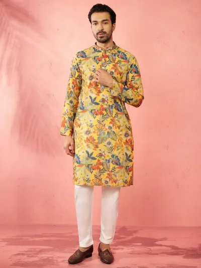 Men's Mustard Cotton Linen Kurta Set With Cream Pyjama Diwali Special